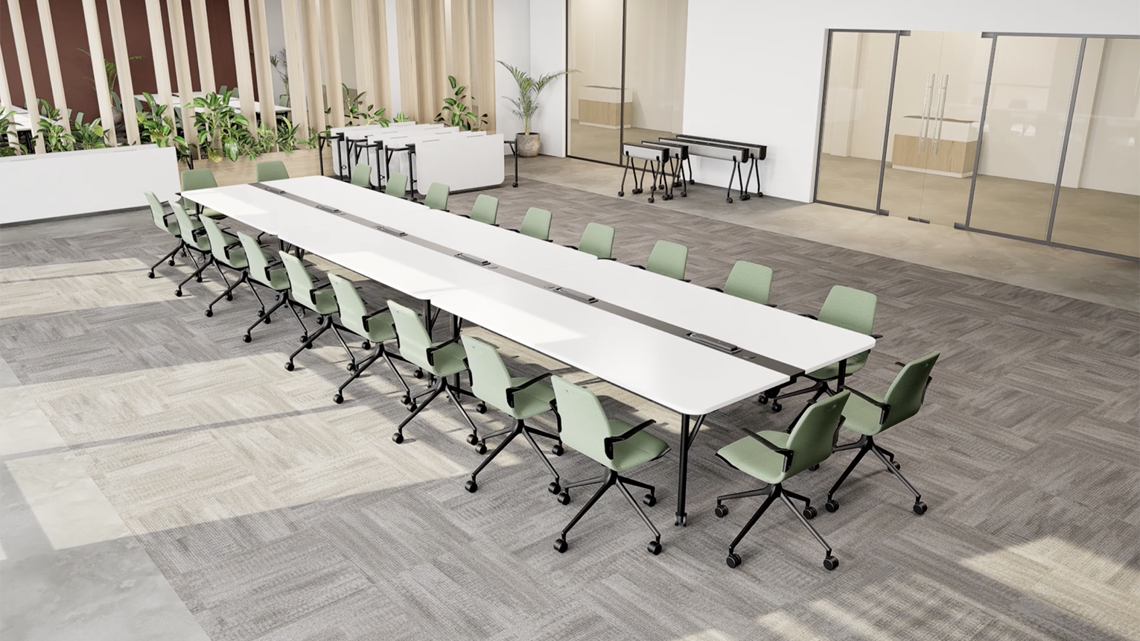 An installation image featuring the Folding Surfaces tables, AS100 chairs and FS mobile power units