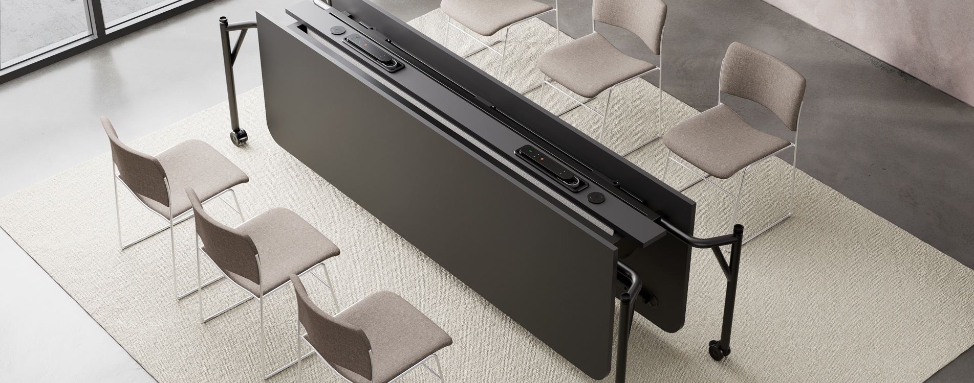 Black laminate Folding Surface table with six upholstered 40/4 chairs, folded