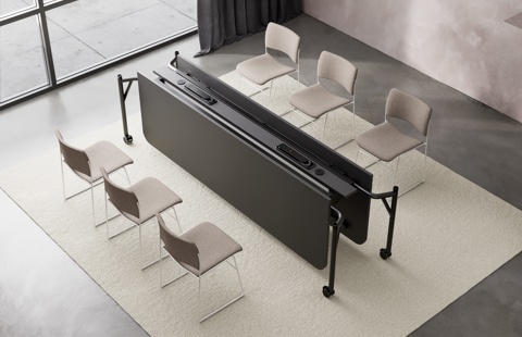 Black laminate Folding Surface table with six upholstered 40/4 chairs, folded