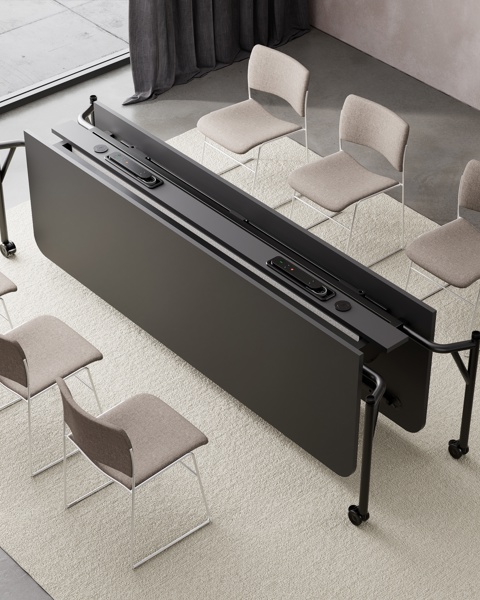 Black laminate Folding Surface table with six upholstered 40/4 chairs, folded