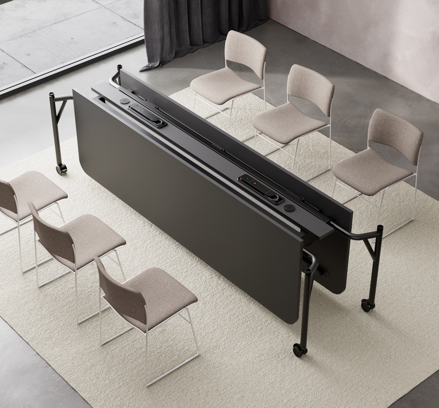 Black laminate Folding Surface table with six upholstered 40/4 chairs, folded