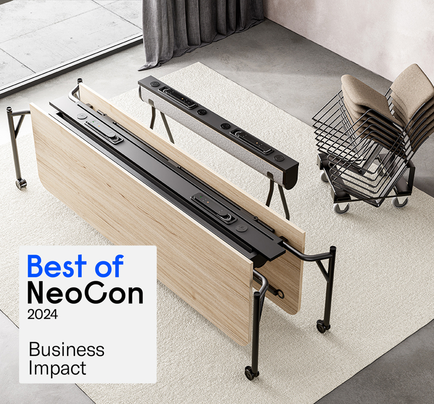 An installation image features the Folding Surfaces bench desk folded, a power horse, and a stack of 40/4 chairs, with a Best of NeoCon logo