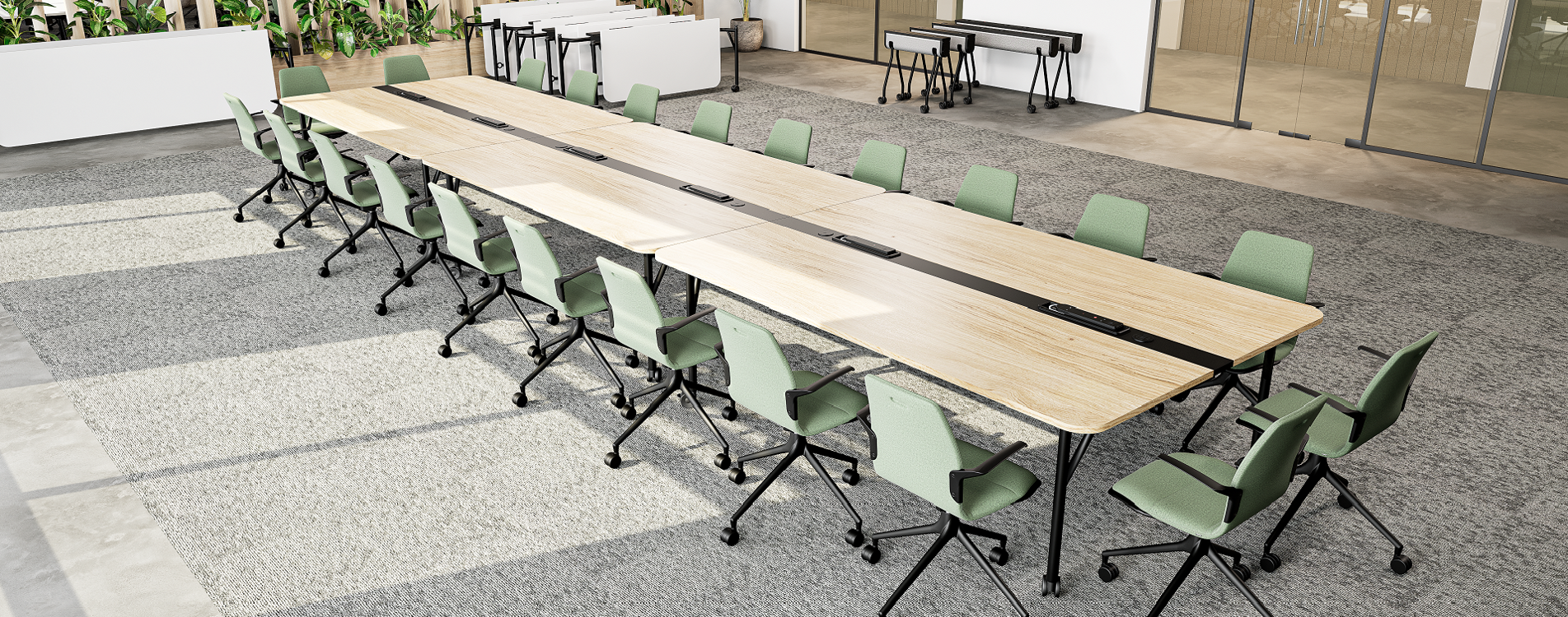 An installation image featuring the Folding Surfaces tables, AS100 chairs and FS mobile power units