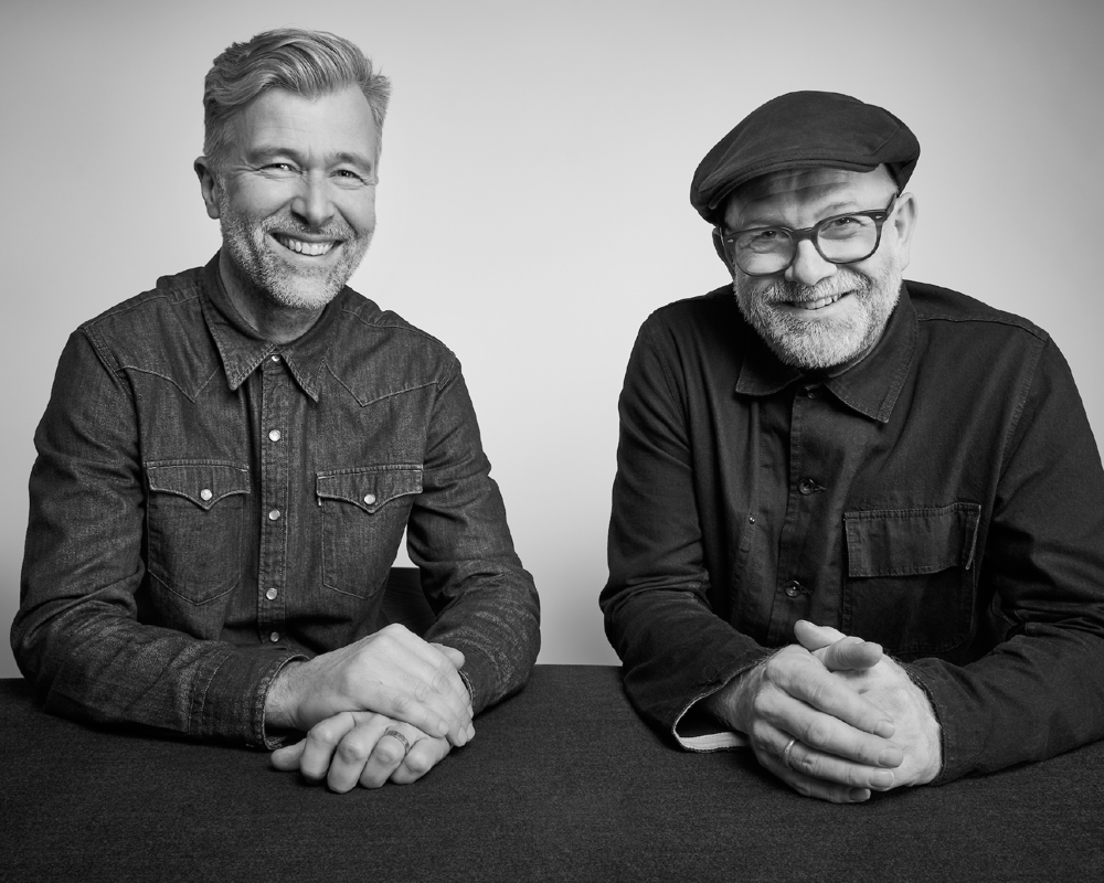 A black and white portrait of Luke Pearson (left) and Tom Lloyd (right), the SixE chair designers