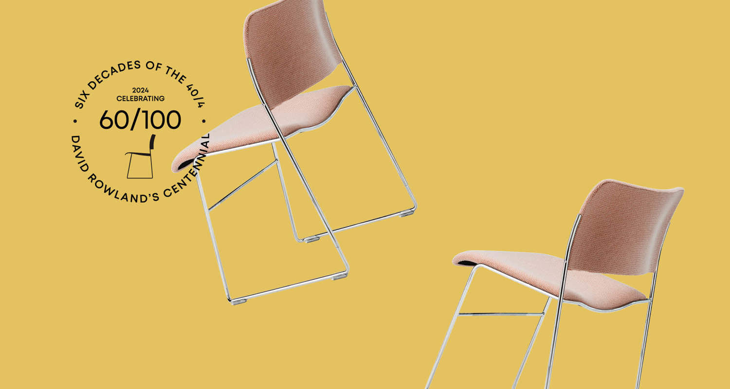 Two pink-upholstered 40/4 chairs against a yellow background with the anniversary logo