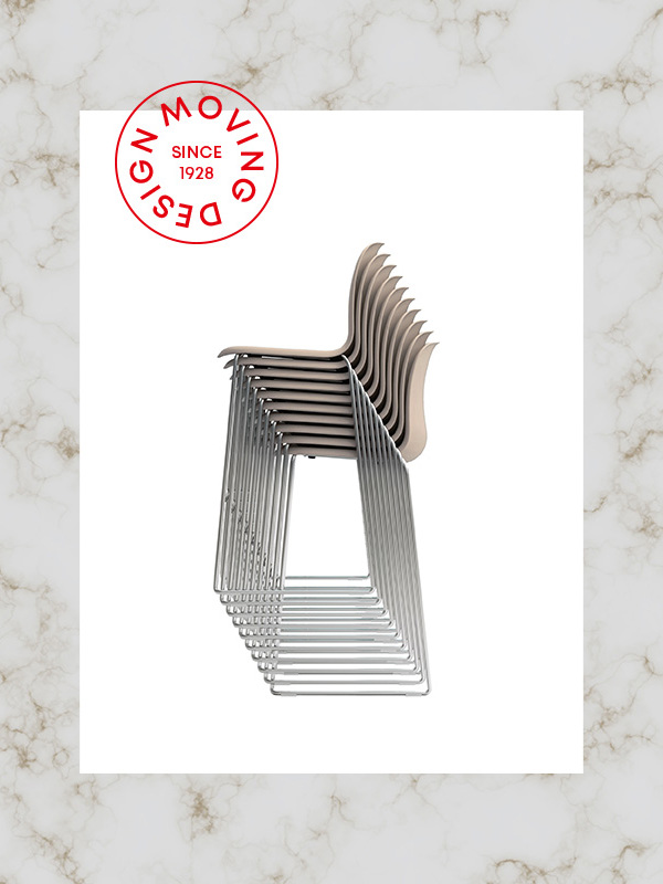 A stack of SixE chairs on a white background with a Moving Design logo mark