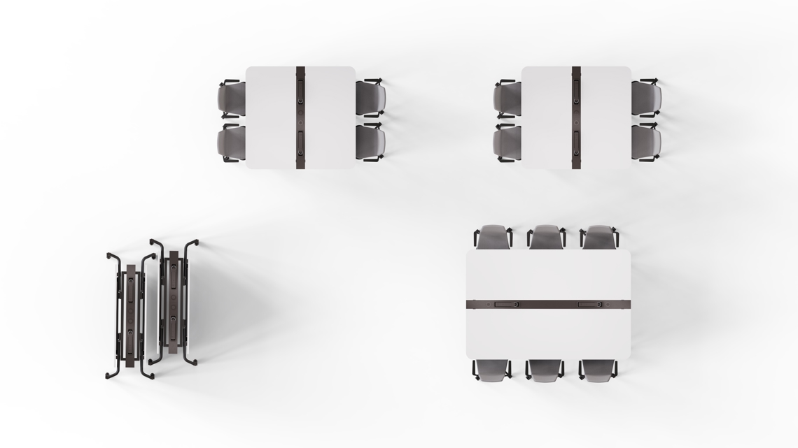A bird's-eye view image of unfolded and folded Folding Surfaces tables