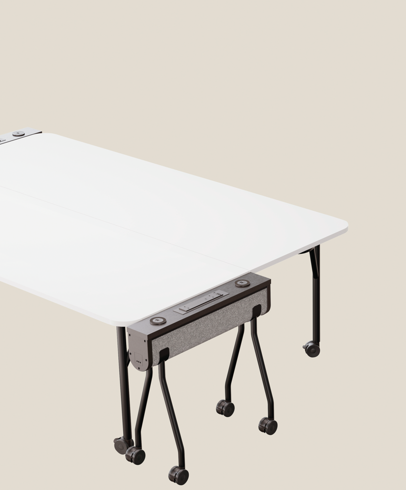 A close-up image of a white Folding Surfaces table alongside a mobile power unit