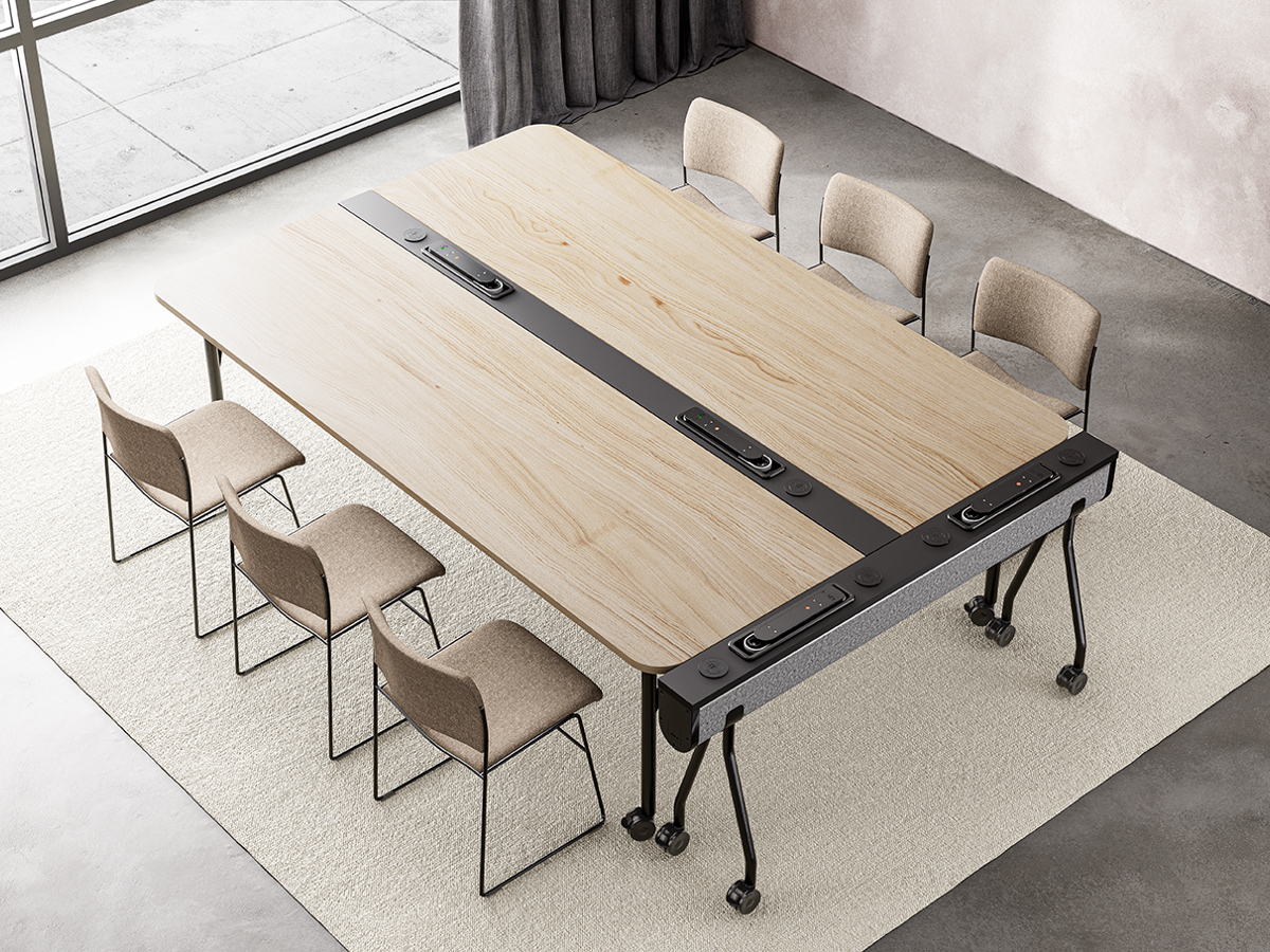 An installation image features the Folding Surfaces bench desk unfolded, a power horse, and 40/4 chairs