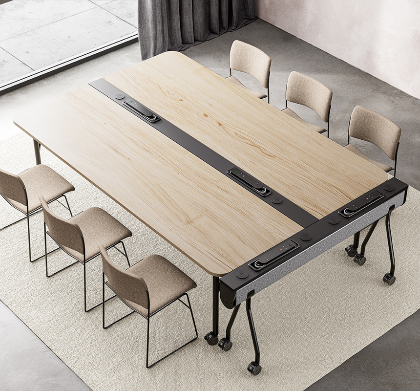 An installation image features the Folding Surfaces bench desk unfolded, a power horse, and 40/4 chairs
