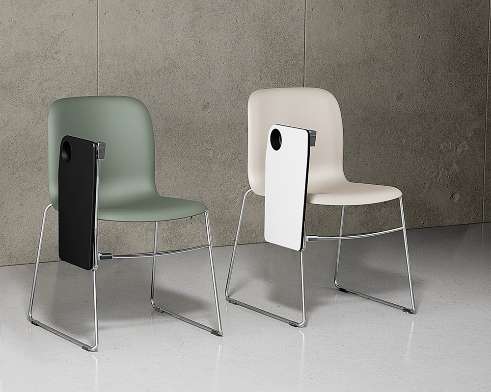 Chalk and olive SixE chairs with white and black writing tablets accordingly against a grey wall